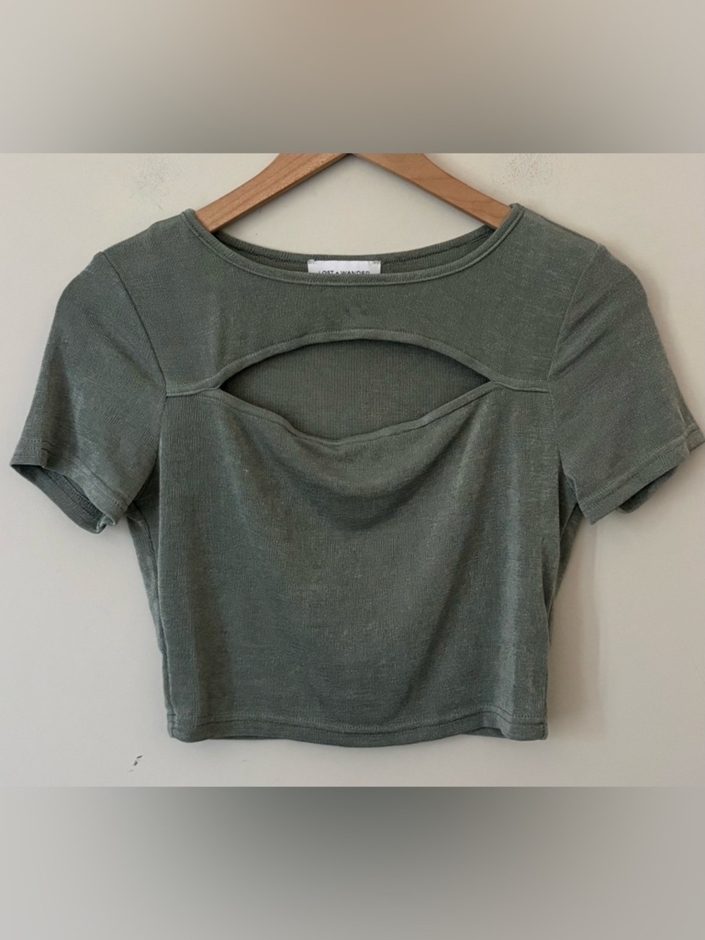 Lost + Wander Sage Green Crew Neck Short Sleeve Cropped Top Medium